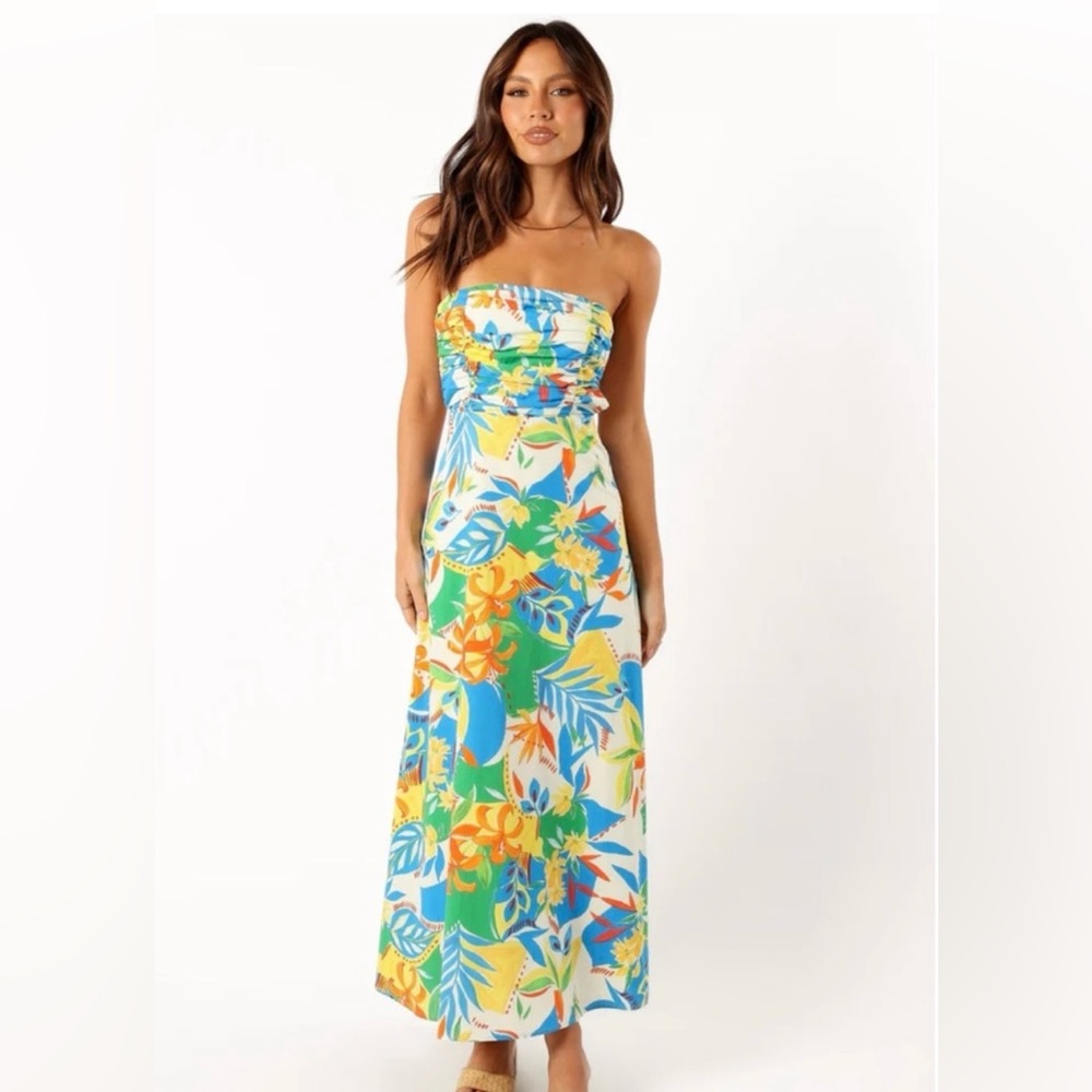 RUNAWAY THE LABEL- HARRIET STRAPLESS
MIDI DRESS MALTA PRINT - SIZE XS